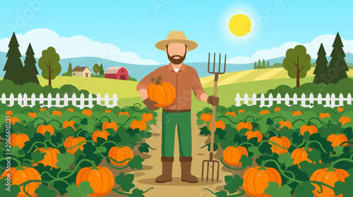 Fotografie Man Harvesting Pumpkins in Rural Farm Landscape