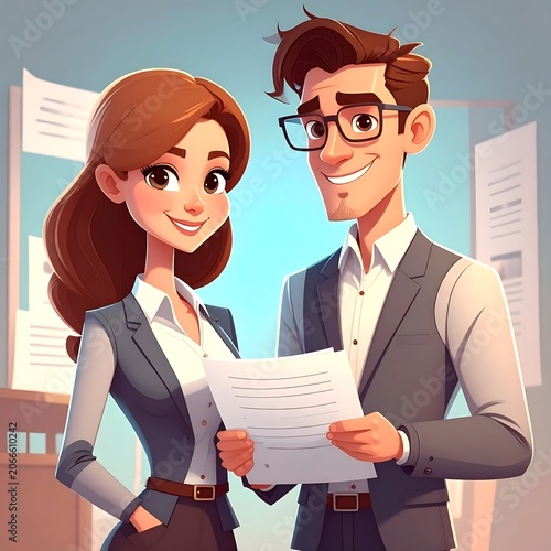 A cartoon illustration of a smiling man and woman in business attire holding papers in an office setting