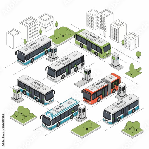 Modern electric buses charging in a city environment isometric view.