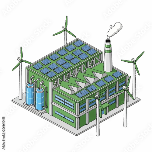 Modern factory with solar panels and wind turbines generating clean energy.