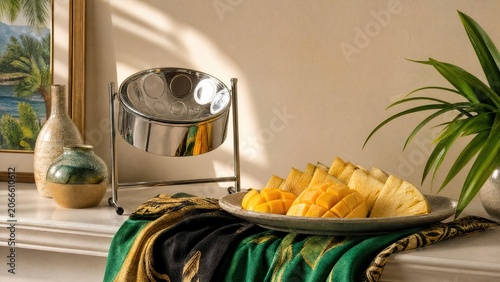 Miniature steel drum, mango and pineapple platter, green black gold textile, Caribbean decor.