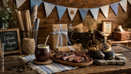 Gift wrapping station with fabric bunting, mate gourd, asado slices, and tango shoes. 