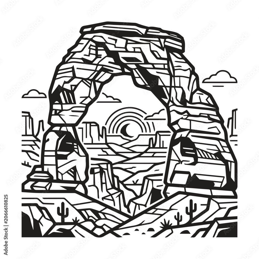 Obraz premium Natural stone arch landscape desert graphic illustration with landscape