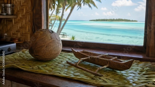  Pandanus mat with coconut and outrigger canoe model, tropical island culture. 
