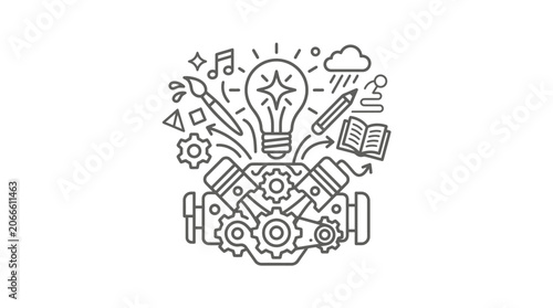 Creative engine icon with lightbulb gears and educational symbols.