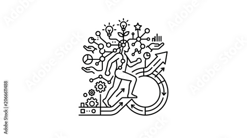 Minimalist line art of person climbing path to success.