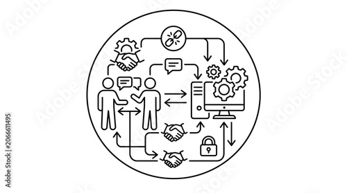 Circular teamwork and technology communication icons