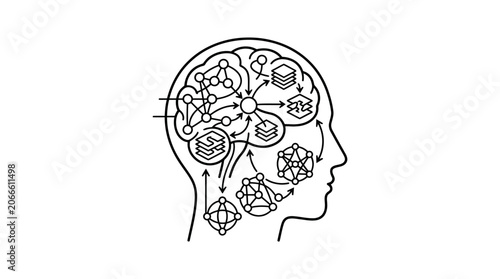 Human profile silhouette with intricate geometric brain patterns.