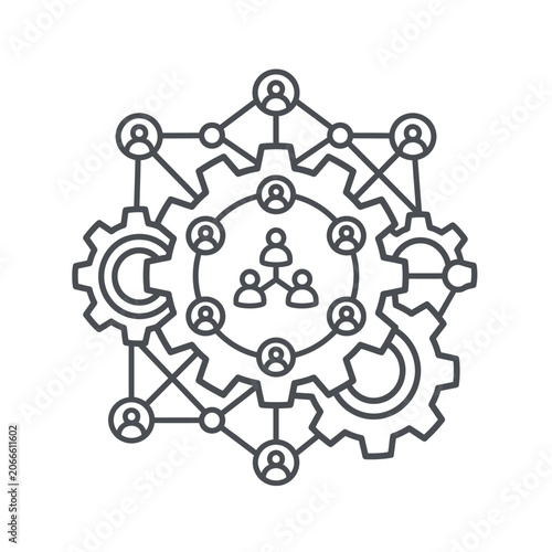 Gear icon with human team network connections.