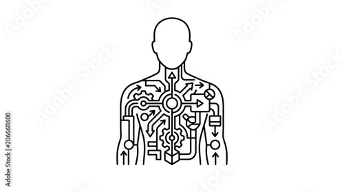 Human torso outline with internal circuit maze pattern.