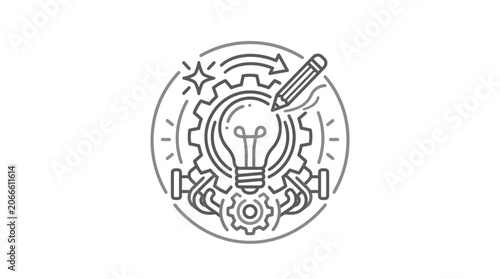 Circular idea generation icon featuring lightbulb and pencil.