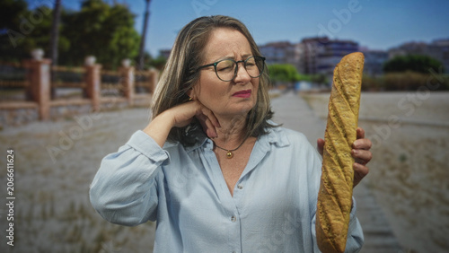 Canvastavla Hispanic woman holds baguette at arm's length while touching neck on street; disgust food caution aging