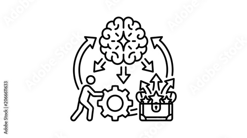 Person interacting with brain and gear system icon.