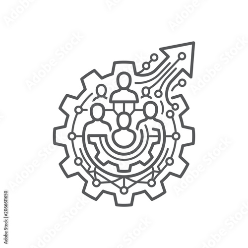 Group of people in gear with upward arrow.
