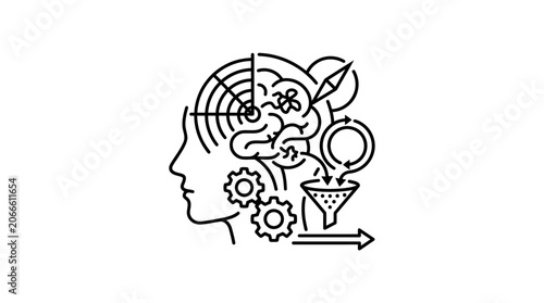 Human head profile filtering thoughts through complex gears.