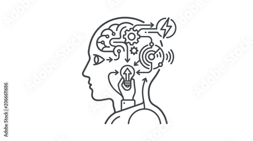 Human head line art with internal gears and lightbulb.
