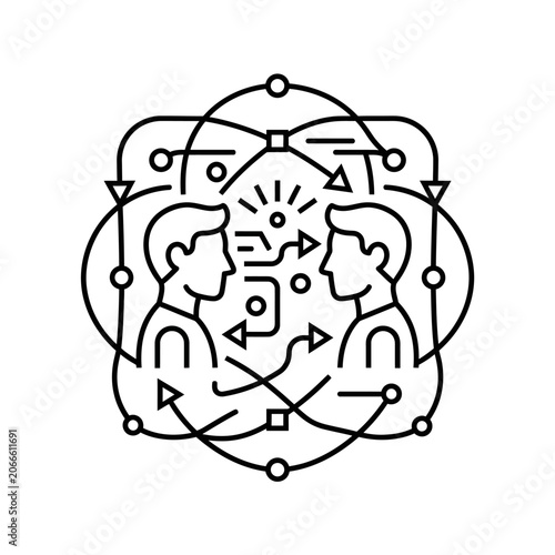 Circular line art illustrating interpersonal communication and network connectivity