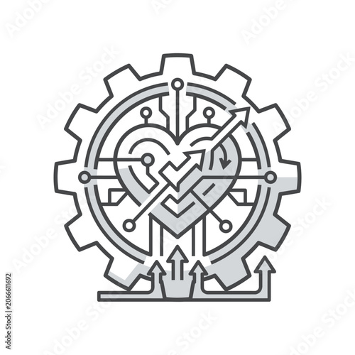 Heart integrated into gear with circuit lines.