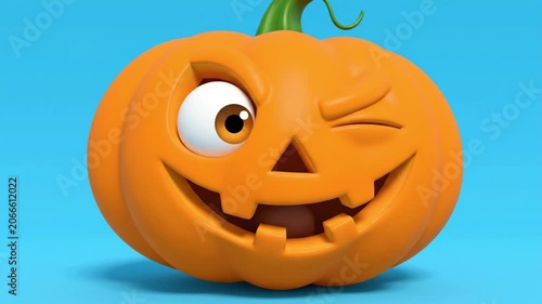 Orange Pumpkin Character Winking Eye Concept Isolated on Blue Background for Seasonal Autumn Events and Decorative Festive Harvest Celebration