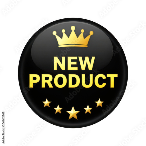 New product badge with golden crown and stars on black glossy button isolated on transparent background