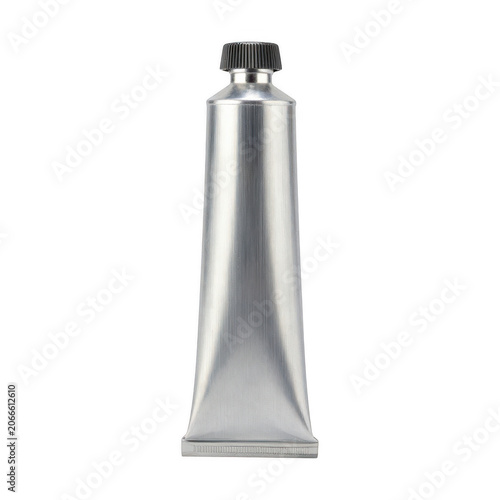 Empty metal paint tube with black cap isolated on transparent background