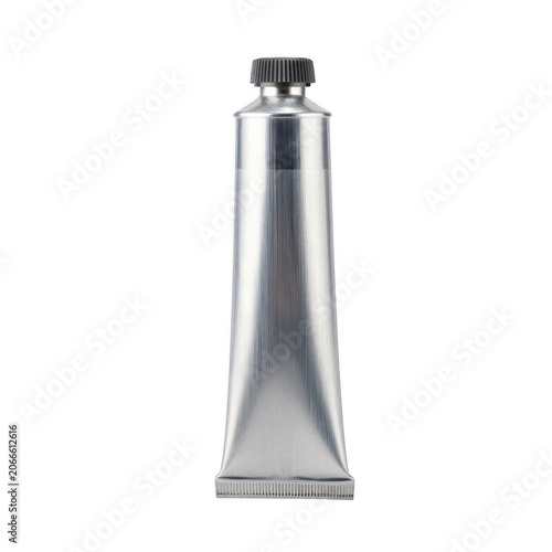 Empty silver metal paint tube with black cap isolated on transparent background