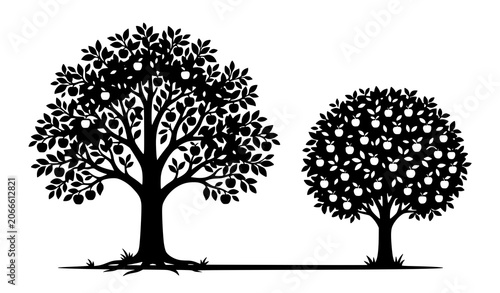 Two Apple Tree Silhouettes Side by Side with Leaves and Fruit Vector Illustration