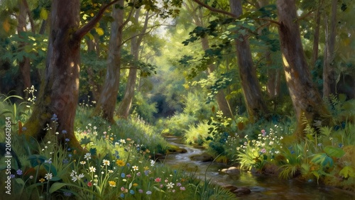 Enchanting Sunlit Forest Stream with Wildflowers and Lush Green Woodland Landscape