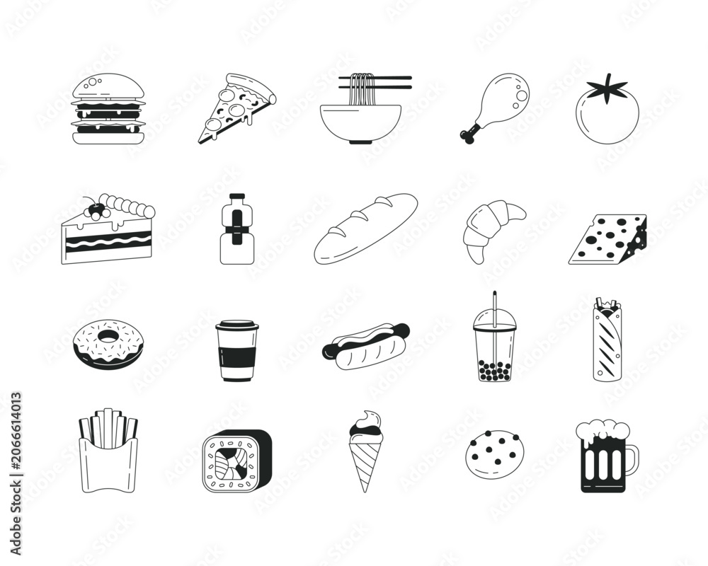 Fototapeta premium Playful funky food and drinks 2D line icons set. Hamburger with cheese. Cake slice. Takeaway meals and desserts isolated cliparts vector outline items. Monochrome spot illustrations collection