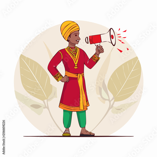 Man in traditional Indian attire speaking into a megaphone