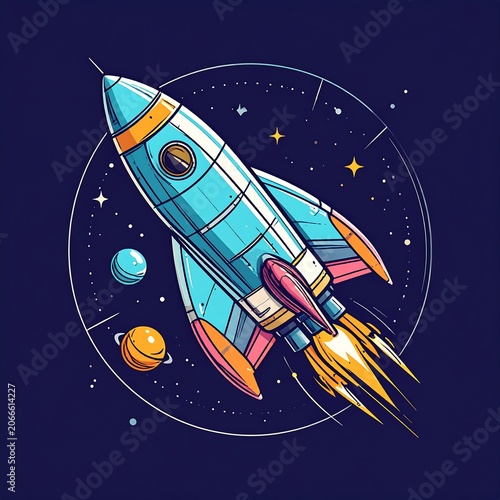 A cartoon-style rocket ship blasts off into a starry night sky with planets