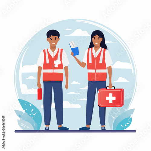 Medical professionals with first aid kit and clipboard