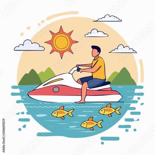 Person riding a jet ski on the water with fish and sun