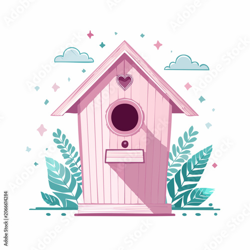 Pink birdhouse with heart detail and foliage