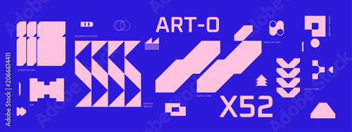 Abstract cyberpunk banner with future tech geometric shapes and brutalist design elements