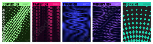 Abstract geometric vector poster set with halftone grid and optical illusion patterns, Shape distortion and linear gradients with transition effect, dynamic graphic for banner and wall art, kit 5