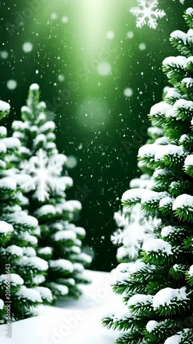 Snow covered pine trees in green winter landscape.