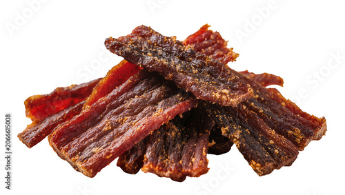Obraz na plátně Isolated pile of savory spicy beef jerky strips a perfect high-protein meat snac