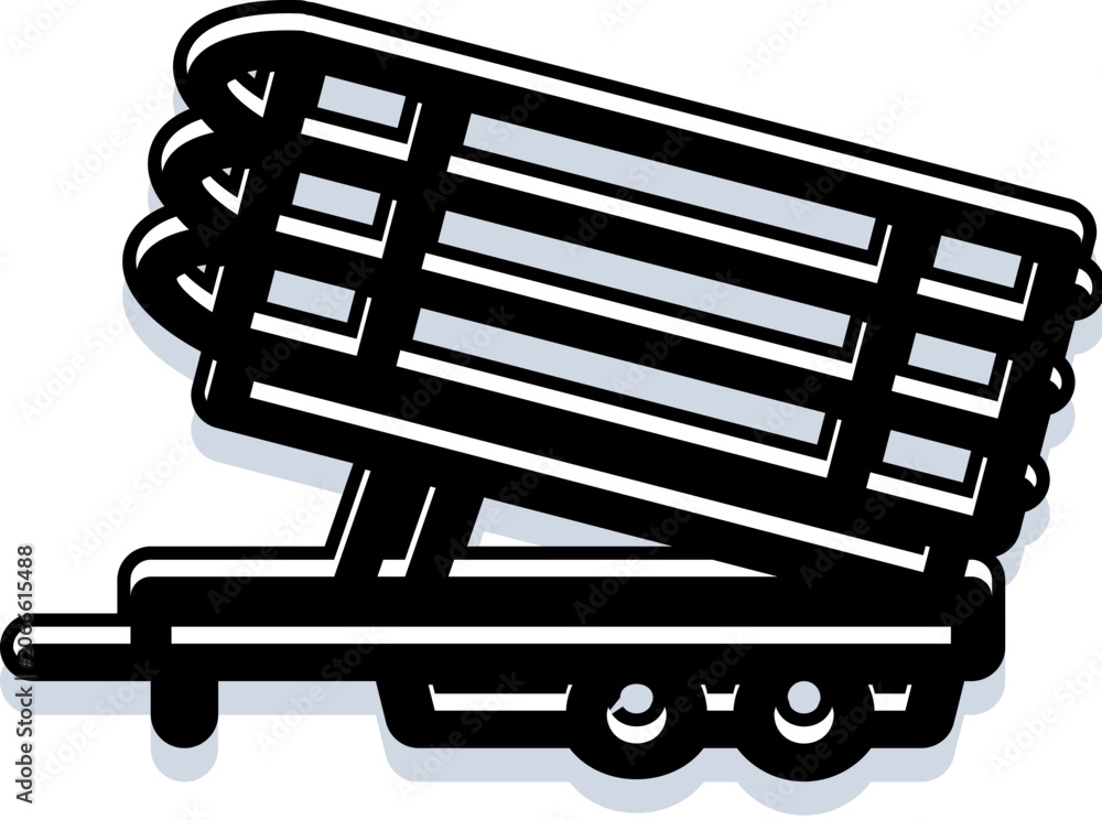 Naklejka premium Military rocket launcher system with multiple barrels mounted on a wheeled trailer for long range offensive operations and defense, isolated against a white background