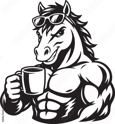 Muscular Horse Mascot Holding Coffee Mug with Sunglasses, Strong Stallion Character Vector Illustration, Gym Fitness Horse Logo, Premium Mascot Clipart Design