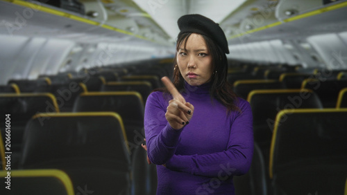 Fotografie Woman pointing finger with crossed arms in airplane cabin wearing purple turtleneck and beret; disapproval sternness