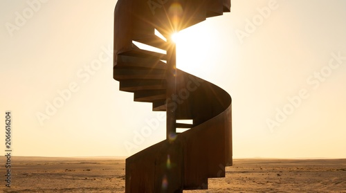 Modern Spiral Staircase Structure in Desert Landscape During Sunset