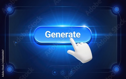 3 d hand cursor clicking a glowing blue generate button on digital interface