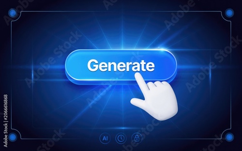 Blue generate button with 3 d cursor hand on dark digital interface