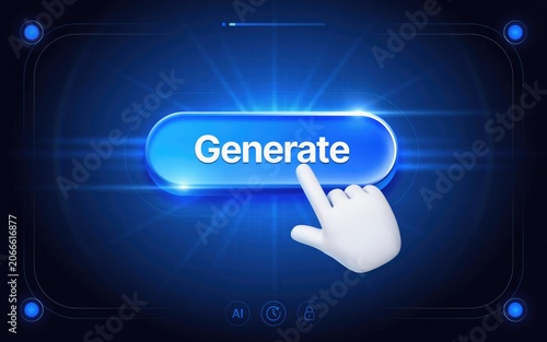 Blue generate button with 3 d cursor clicking on glowing interface