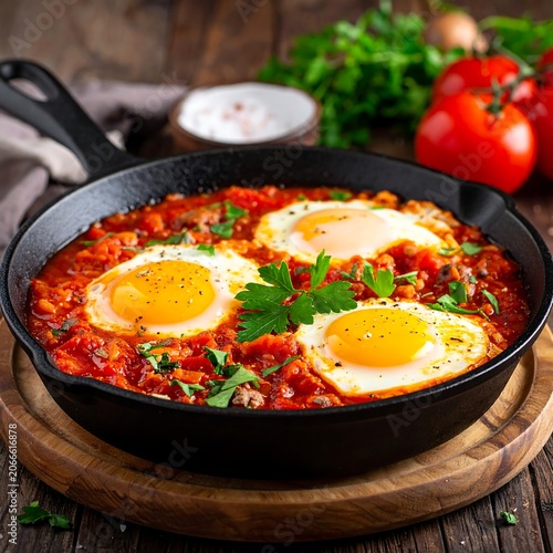 A cast-iron skillet containing eggs poached in a spicy tomato sauce, garnished with fresh herbs, on a wooden board