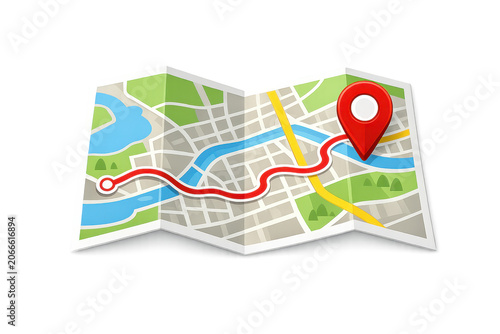 Folded city map with route and red location pin