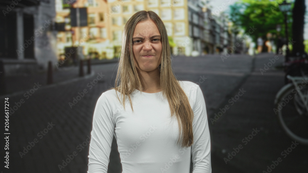 Fototapeta premium Young hispanic woman grimaces with scrunched nose and pursed lips on a street, standing center frame; annoyance.