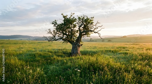 Solitary Tree in Open Meadow at Sunset with Rolling Hills and Sky