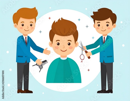 A cartoon illustration of two stylists with a client